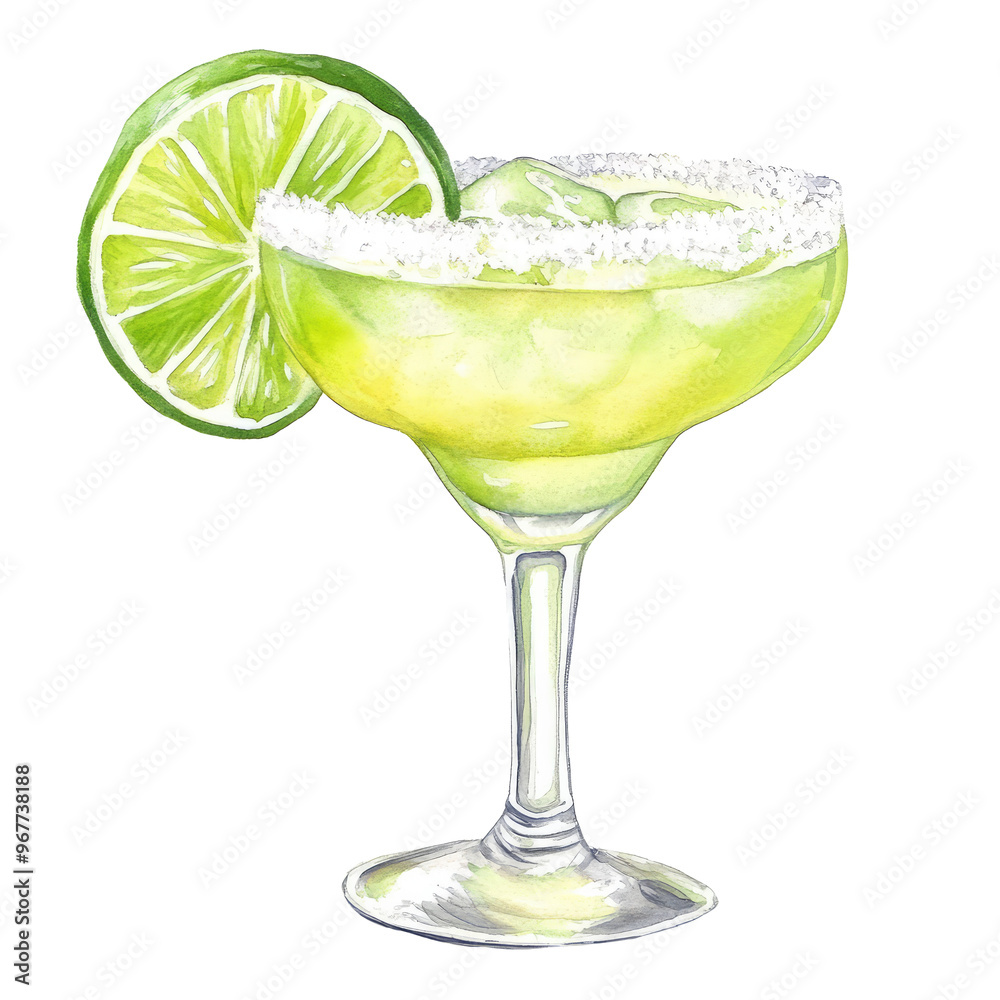 PNG Margarita cocktail illustration with lime wedge. Watercolor painting. Beverage and refreshment concept.
PNG Margarita cocktail illustration with lime wedge. Watercolor painting. Beverage and refreshment concept.