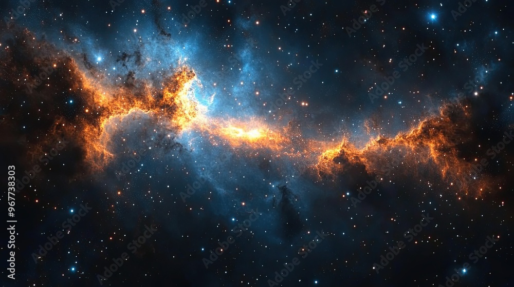 Fototapeta premium A distant supernova explosion illuminating a vast expanse of cosmic dust clouds, creating a breathtaking cosmic spectacle.