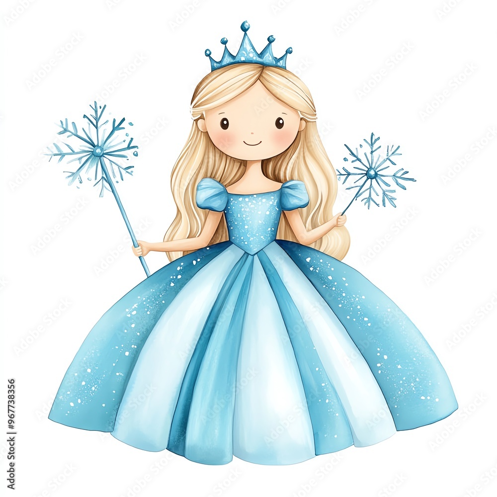 Fototapeta premium Charming princess illustration in a blue gown, holding snowflake wands. Perfect for children's stories and winter-themed designs.