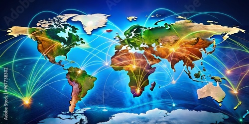 Aerial route map illustrates global flight paths in vibrant colors, showcasing bustling airport hubs and intricate photo