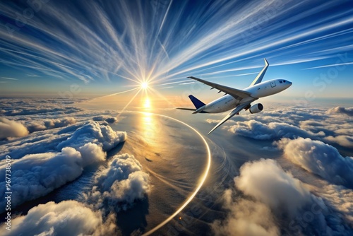 Aerial view of a commercial airliner soaring through a wispy cloud-dotted sky, leaving a contrail tracing its precise photo