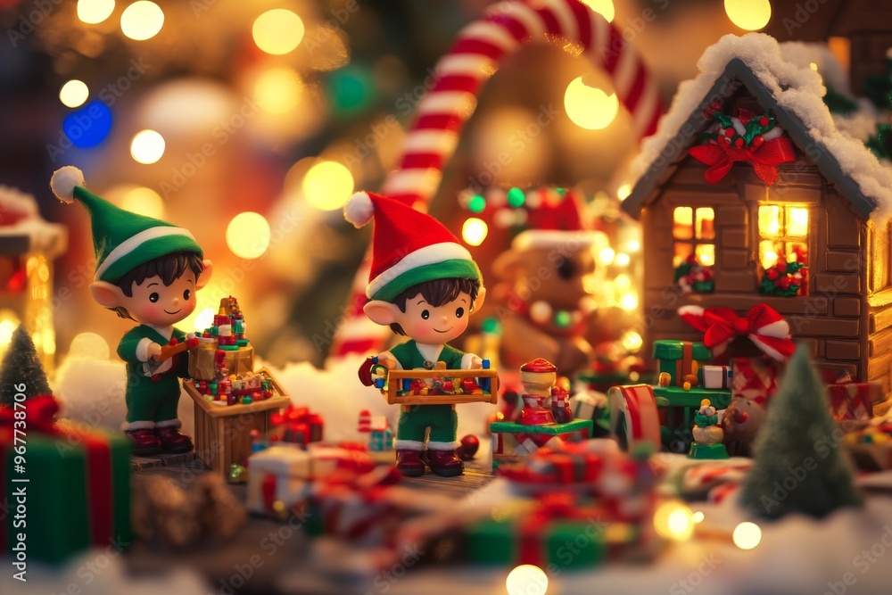 Naklejka premium a playful merry christmas banner with cute cartoon elves building toys in a workshop, surrounded by presents, candy canes, and holiday lights.