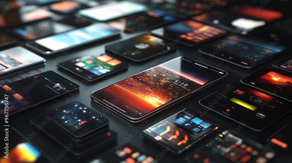 Close-up of several smartphones scattered on a black surface. Close-up of several smartphones scattered on a black surface.