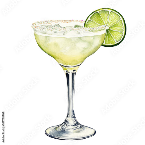 PNG Margarita cocktail illustration with lime wedge. Watercolor painting. Beverage and refreshment concept. 