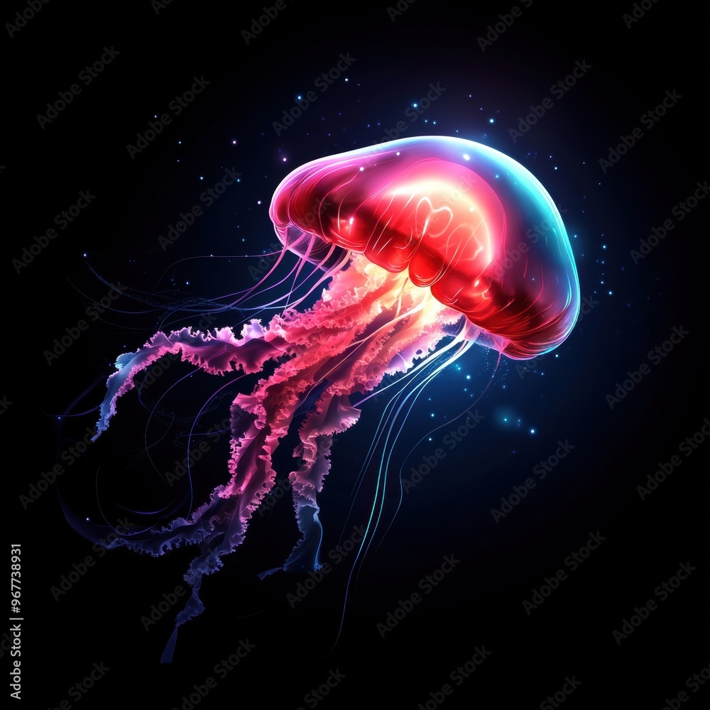 A luminous jellyfish gliding through the dark ocean depths, showcasing vibrant colors and intricate tentacle patterns. A luminous jellyfish gliding through the dark ocean depths, showcasing vibrant colors and intricate tentacle patterns.
