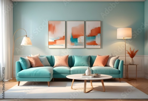 Photo modern style interior room 3d illustration Interior,Kitchen,Washrooms frame living room with colorful white sofa,led with blank frame