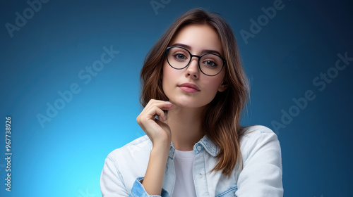 Portrait of a young woman wearing glasses, posing confidently with a hand near her chin against a blue background.