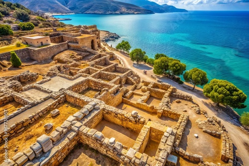 Aerial view of ancient Minoan ruins sprawling across sun-kissed Crete, Greece, with worn stone paths and crumbling photo