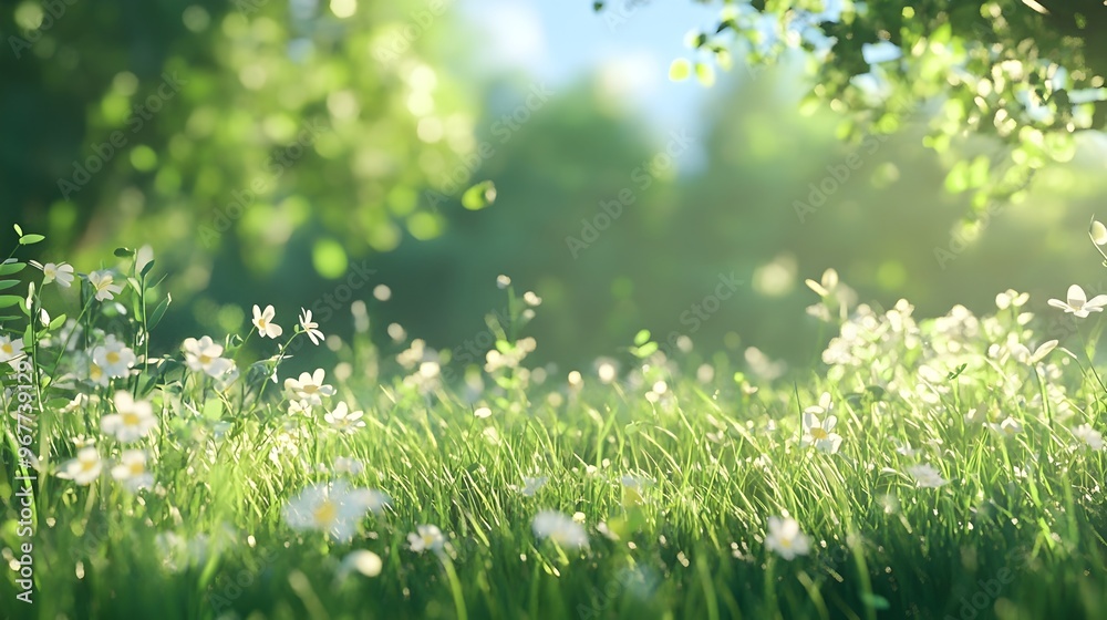Lush Green Meadow with Blooming White Daisies in Warm Sunlight Lush Green Meadow with Blooming White Daisies in Warm Sunlight