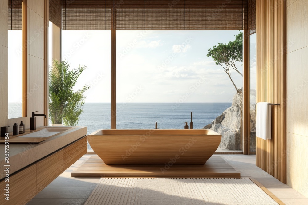 a serene bathroom with a large window overlooking the ocean, featuring a minimalist japanese-style wooden tub and a simple, low-slung sink illustration a serene bathroom with a large window overlooking the ocean, featuring a minimalist japanese-style wooden tub and a simple, low-slung sink illustration