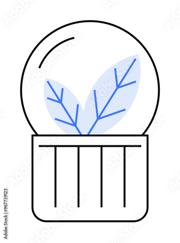 Plant enclosed in a transparent dome atop a striped base, featuring blue and light blue elements. Ideal for nature, environment, growth, sustainability, modern design. Simple, minimalist style.