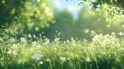 Lush Green Meadow with Blooming White Daisies in Warm Sunlight