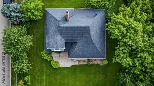 Aerial view of a house with a grey roof and green lawn.