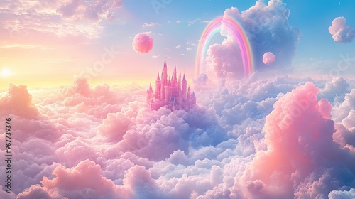 Candy-colored dreamscape featuring a floating castle in the clouds, surrounded by pastel rainbows and colorful candy-like flora, with the sky painted in soft pinks and blues