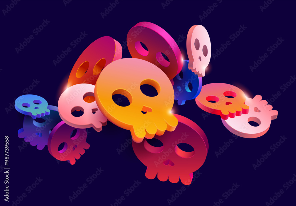 Naklejka premium Abstract halloween background. Set of color 3d skulls.