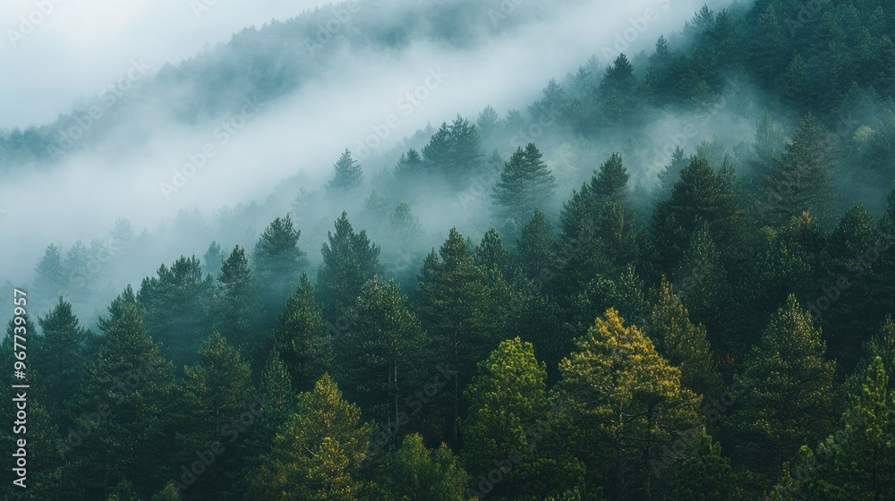 Lush forest landscape shrouded in mist, evoking tranquility and natural beauty. Lush forest landscape shrouded in mist, evoking tranquility and natural beauty.