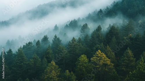 Lush forest landscape shrouded in mist, evoking tranquility and natural beauty.