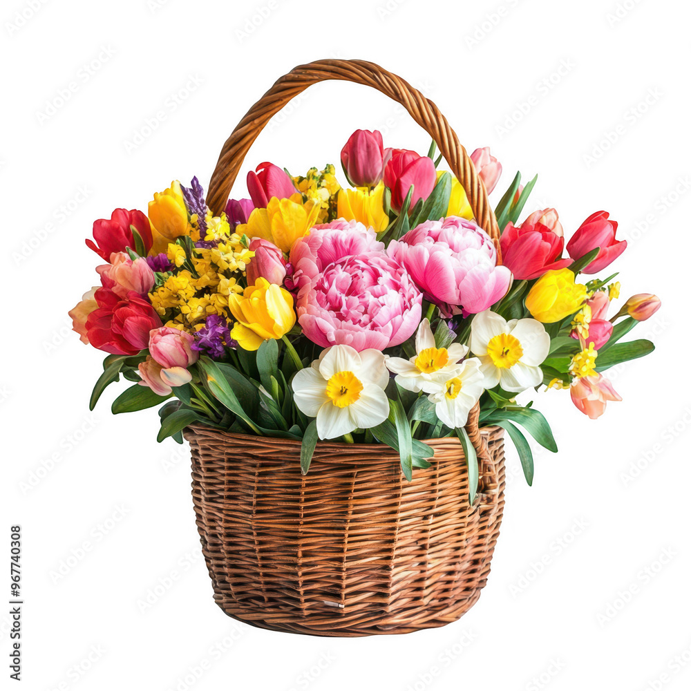 A vibrant bouquet of mixed flowers in a wicker basket, perfect for decoration or gifting. A vibrant bouquet of mixed flowers in a wicker basket, perfect for decoration or gifting.