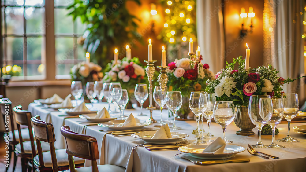 A beautifully set table for a formal dinner , elegant, place settings, silverware, napkins, plates, glasses A beautifully set table for a formal dinner , elegant, place settings, silverware, napkins, plates, glasses