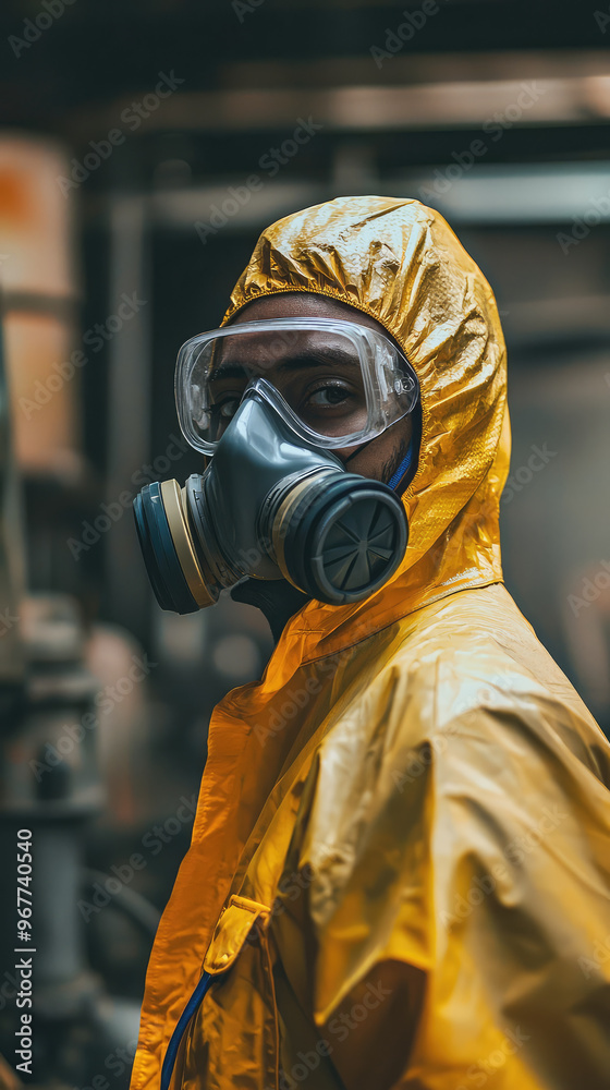 A person wearing safety mask and protective gear while working in hazardous environment. bright yellow suit contrasts with industrial background, emphasizing safety and caution A person wearing safety mask and protective gear while working in hazardous environment. bright yellow suit contrasts with industrial background, emphasizing safety and caution
