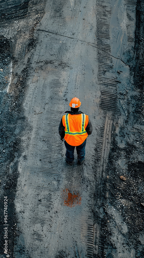 A person wearing safety vest stands on construction site, overseeing work on road. bright vest contrasts with dark, rugged terrain, highlighting importance of safety in construction A person wearing safety vest stands on construction site, overseeing work on road. bright vest contrasts with dark, rugged terrain, highlighting importance of safety in construction