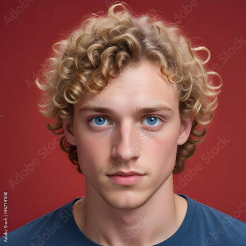 blond man model, close up of face, studio background, red background, curly hair