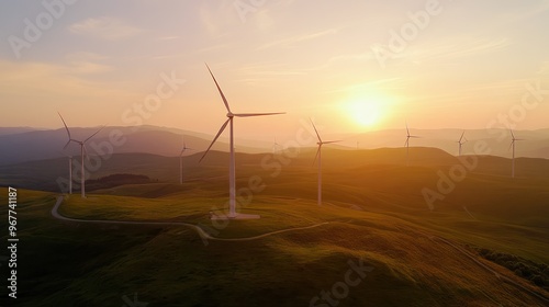 Scenic view of wind turbines on hills during sunset, highlighting renewable energy.