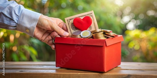 A gentle hand holding a red donation box with a heartfelt note, surrounded by coins and banknotes, conveying photo