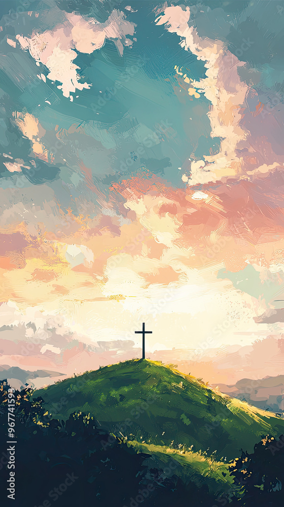 Fototapeta premium A serene landscape featuring cross on hill, bathed in soft pastel colors during sunset. scene evokes sense of peace and reflection, perfect for spiritual contemplation