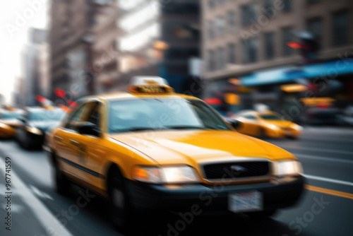 A taxi blurred in motion on a city street, conveying the dynamics and rhythm of city life in an urban landscape