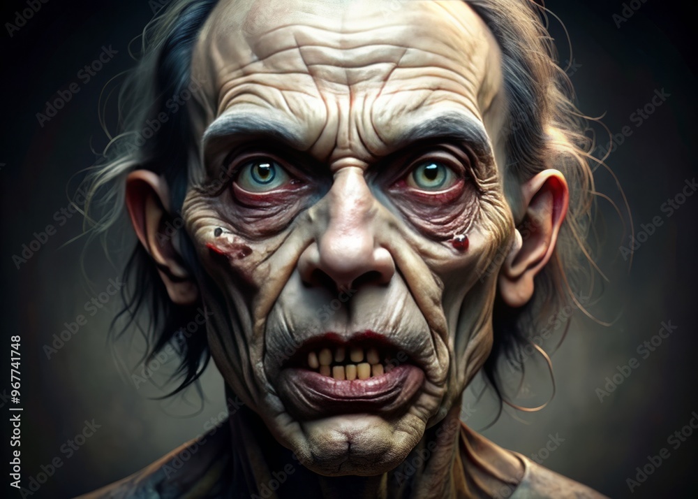 A grotesquely distorted face with severe facial deformities, uneven features, and twisted skin, conveying a sense of A grotesquely distorted face with severe facial deformities, uneven features, and twisted skin, conveying a sense of