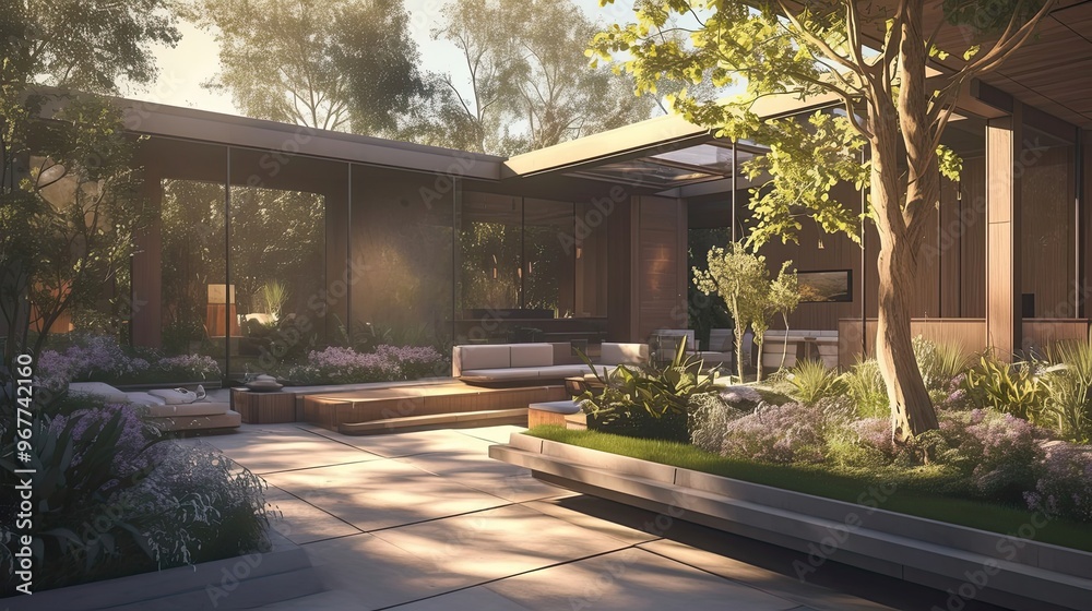 Modern Patio with Glass Walls and Lush Greenery Modern Patio with Glass Walls and Lush Greenery