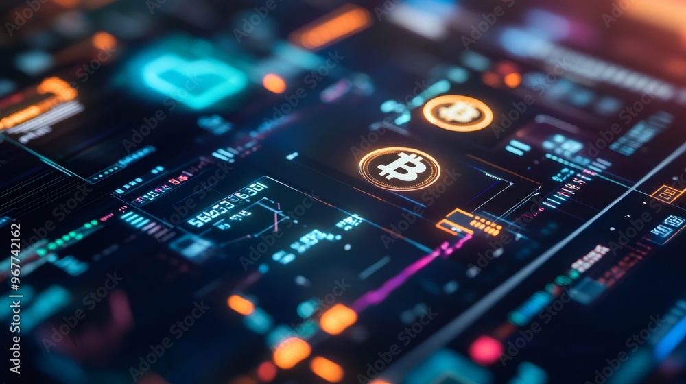 Close-up of a glowing Bitcoin symbol on a digital screen, showcasing data and graphs in a dark blue and neon background. Close-up of a glowing Bitcoin symbol on a digital screen, showcasing data and graphs in a dark blue and neon background.