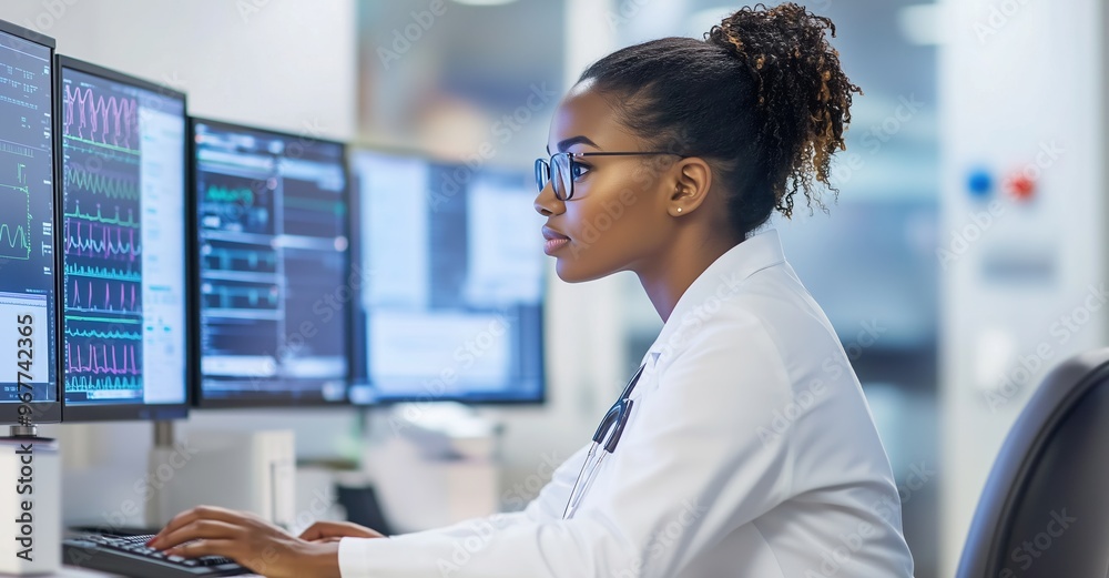 Black woman doctor sitting at desk in modern hospital office using computer Black woman doctor sitting at desk in modern hospital office using computer