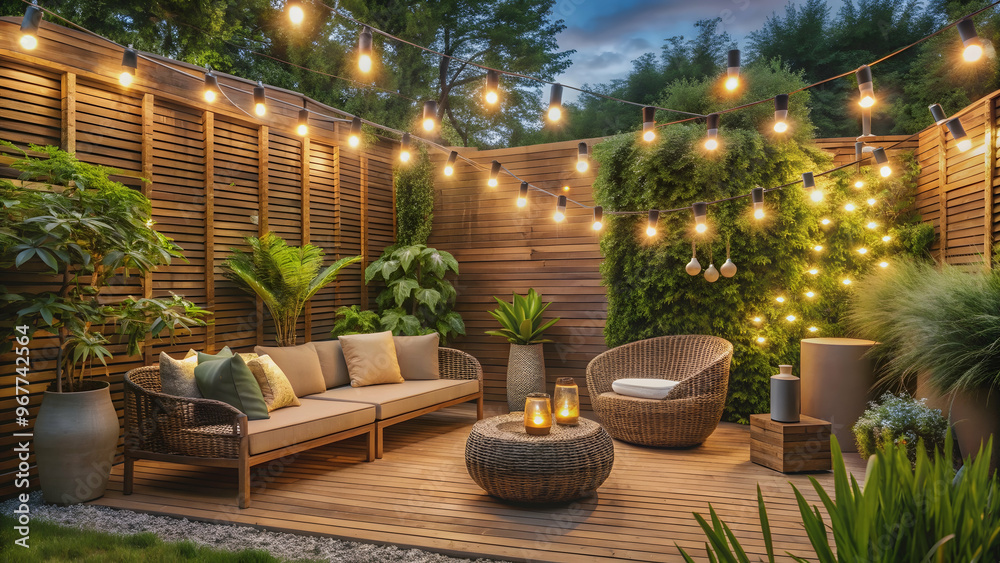 Modern garden with decorative fairy lights, wood, and wicker elements , modern, garden, fairy lights, decorative, wood, wicker Modern garden with decorative fairy lights, wood, and wicker elements , modern, garden, fairy lights, decorative, wood, wicker