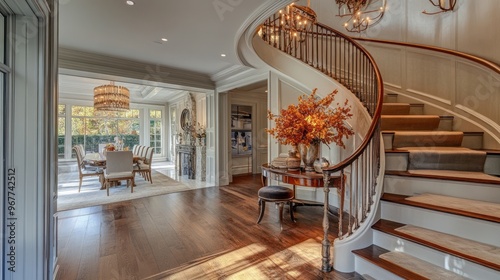 A large, modern home with a grand staircase and a view of a dining room.