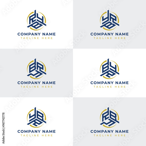 Letters YBR, YRB, BYR, BRY, RYB, RBY Hexagonal Technology Logo Set. Suitable for any business photo