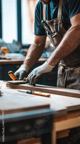 A technician assembling furniture in workshop, focused on precision and craftsmanship. workspace is filled with tools and materials, showcasing dedicated approach to furniture assembly