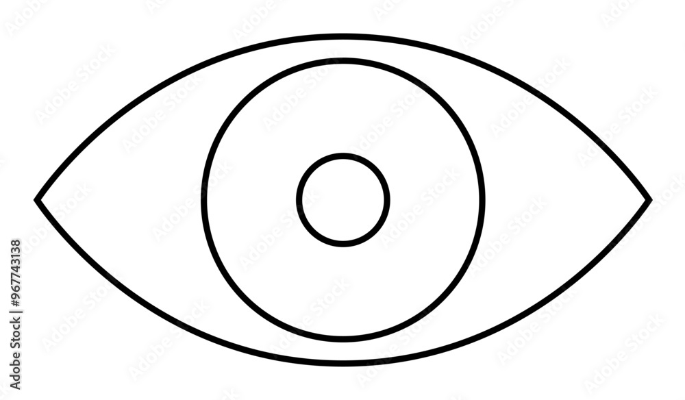 Simplistic black and white design of an eye with a concentric circle pupil and iris. Ideal for graphic design, visual awareness, ophthalmology, branding, and symbolism. Line art minimalism. Simplistic black and white design of an eye with a concentric circle pupil and iris. Ideal for graphic design, visual awareness, ophthalmology, branding, and symbolism. Line art minimalism.
