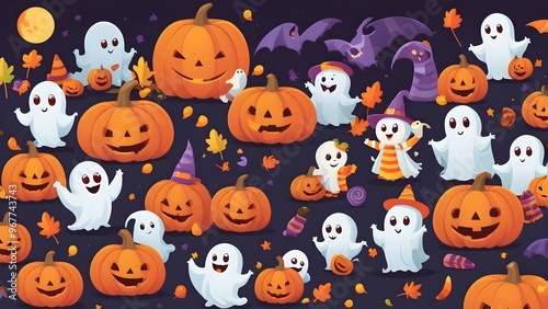 Halloween, Cartoon, pumpkin patch, friendly ghosts, candy corn, trick-or-treaters, bright colors perfect for Halloween