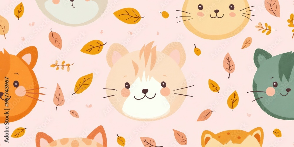 Seamless Kawaii Animal Pattern with Autumn Leaves on Pink Background Seamless Kawaii Animal Pattern with Autumn Leaves on Pink Background