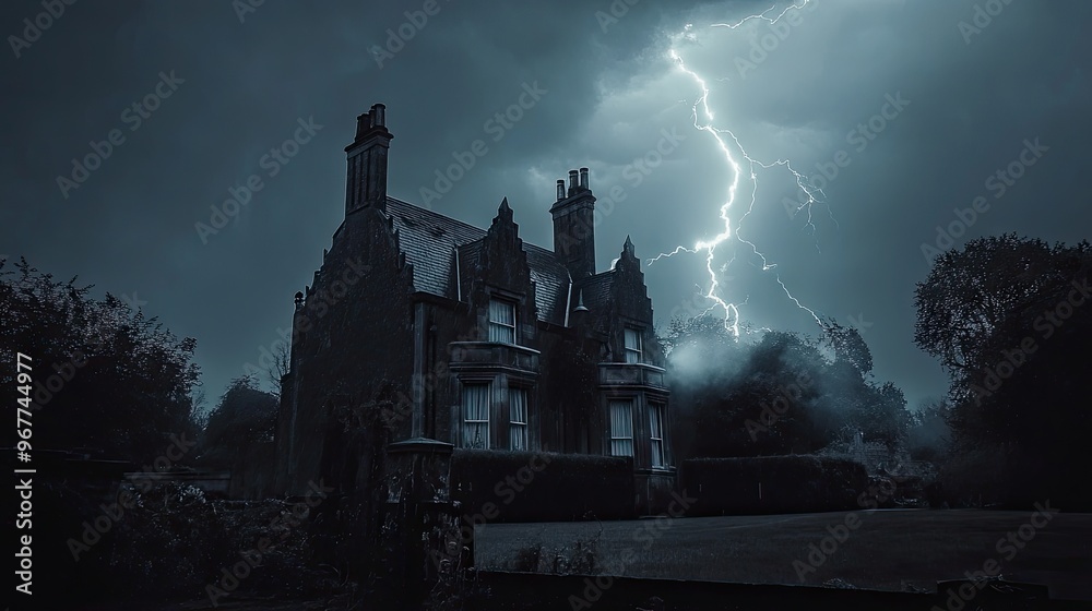 A ghostly British villa during a thunderstorm, struck by a powerful lightning bolt, creating an ominous and spooky atmosphere. A ghostly British villa during a thunderstorm, struck by a powerful lightning bolt, creating an ominous and spooky atmosphere.