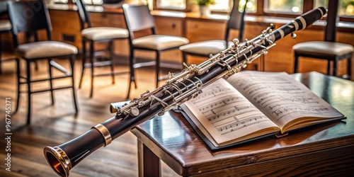 A majestic English horn, also known as a cor anglais, rests on a music stand, surrounded by sheets photo