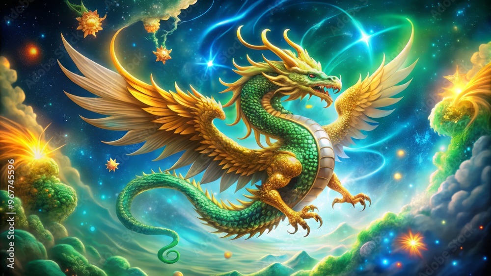 A majestic golden dragon with outstretched wings and fiery breath bursts out of a vibrant green and blue A majestic golden dragon with outstretched wings and fiery breath bursts out of a vibrant green and blue