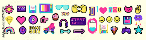 Food pixel art 90s style icons element design stickers, logo, mobile app, menu. Game assets 8-bit sprite sheet. Fast food, seafood, pastries, ice cream, meat, fruit vector illustration.