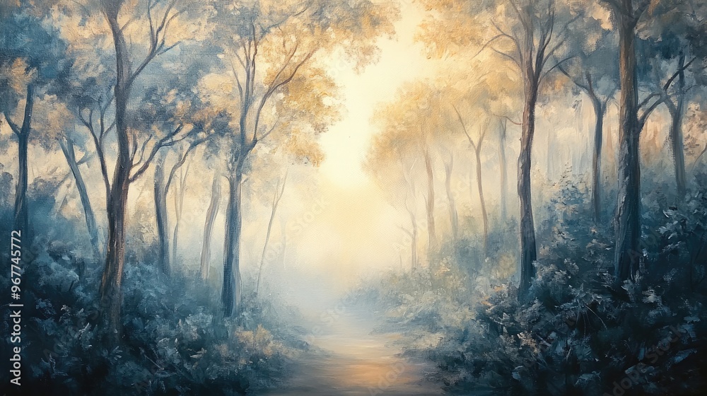 Nature painting of a misty forest at dawn, with soft light filtering through the trees. Nature painting of a misty forest at dawn, with soft light filtering through the trees.