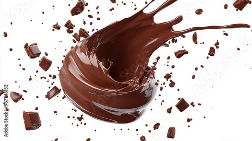 A dynamic swirl of liquid chocolate with broken chocolate pieces and crumbs flying in motion. The glossy, rich chocolate creates an energetic and indulgent visual against a white background.