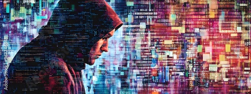 A digital collage of various computer code and data, with the face of a hacker wearing a hoodie in front of it