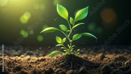 Growth of small green seedlings in the soil photo