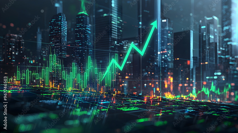 An upward-trending financial graph with an arrow pointing upwards, indicating stock market growth on the background of a digital screen displaying a global business and cityscape